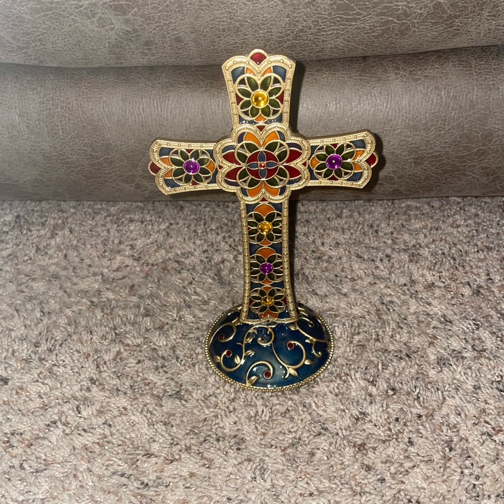 Freestanding 8" Cloisonné Like Jeweled Enameled Cross